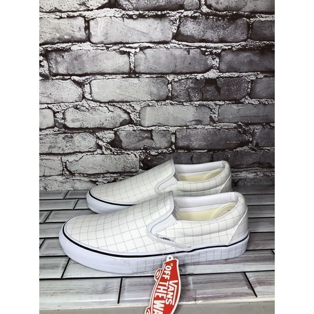 Vans Classic Slip-On Checkerboard Day White Canvas Sneakers Shoes Women 9.5M US